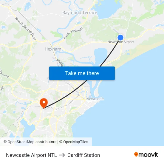 Newcastle Airport NTL to Cardiff Station map