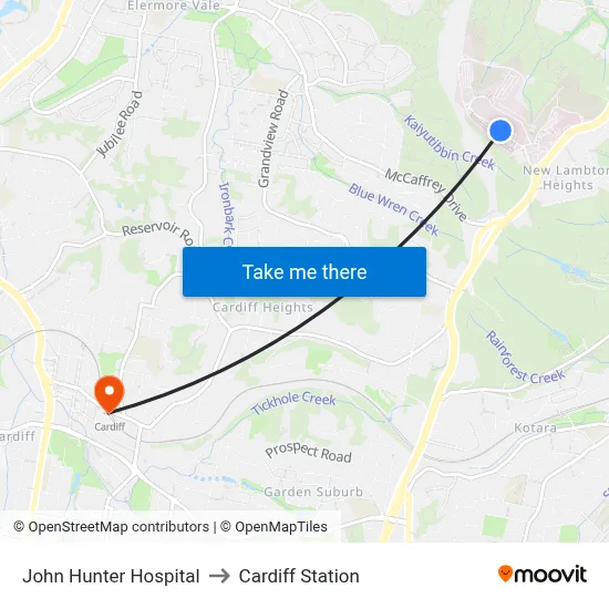 John Hunter Hospital to Cardiff Station map