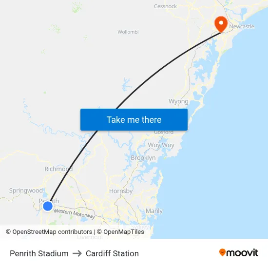 Penrith Stadium to Cardiff Station map