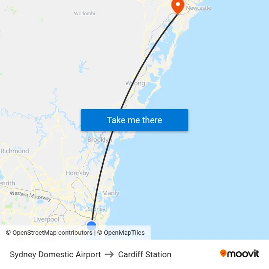 Sydney Domestic Airport to Cardiff Station map