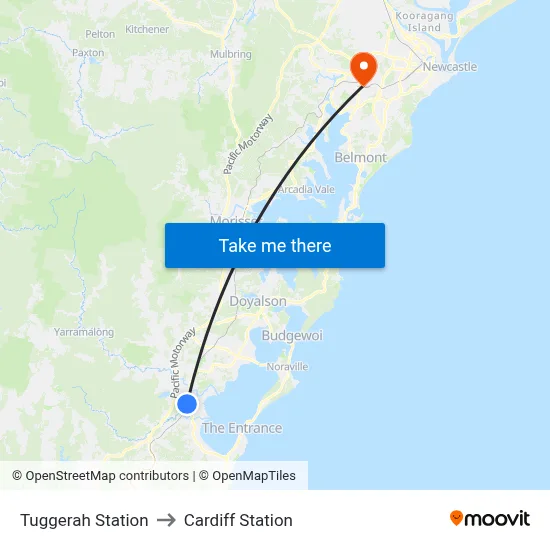 Tuggerah Station to Cardiff Station map