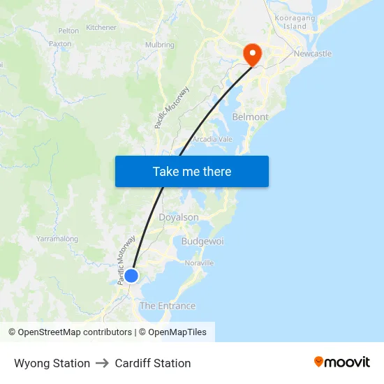 Wyong Station to Cardiff Station map