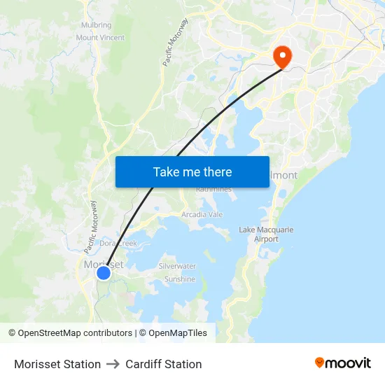 Morisset Station to Cardiff Station map