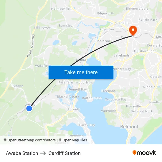 Awaba Station to Cardiff Station map