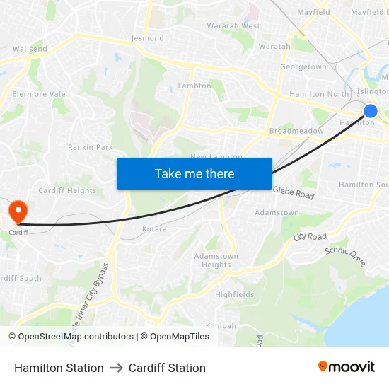 Hamilton Station to Cardiff Station map