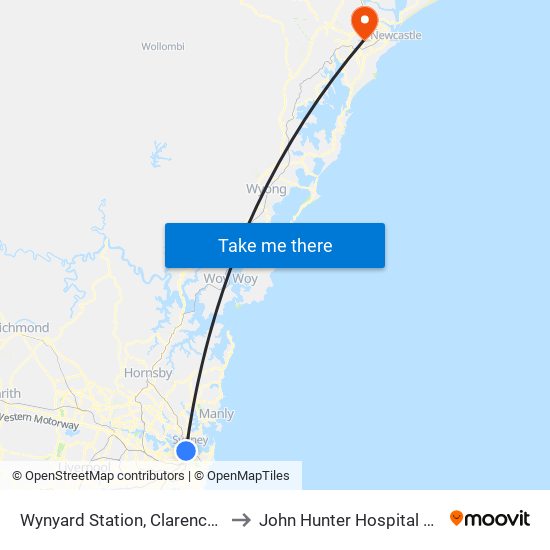 Wynyard Station, Clarence St, Stand R to John Hunter Hospital X-Ray Dept. map