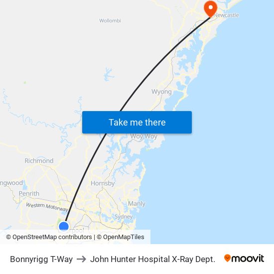 Bonnyrigg T-Way to John Hunter Hospital X-Ray Dept. map