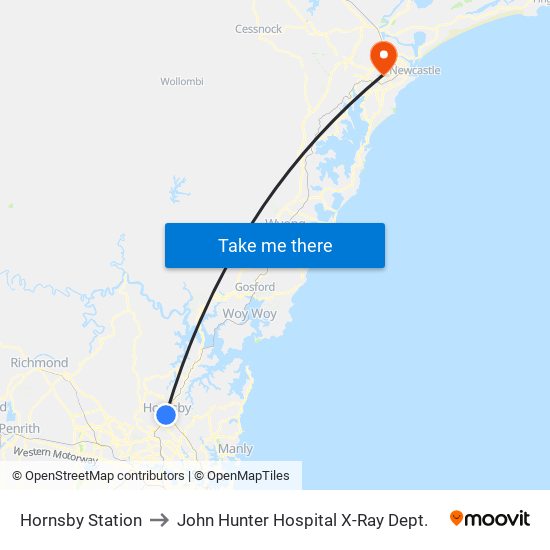 Hornsby Station to John Hunter Hospital X-Ray Dept. map
