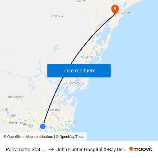 Parramatta Station to John Hunter Hospital X-Ray Dept. map