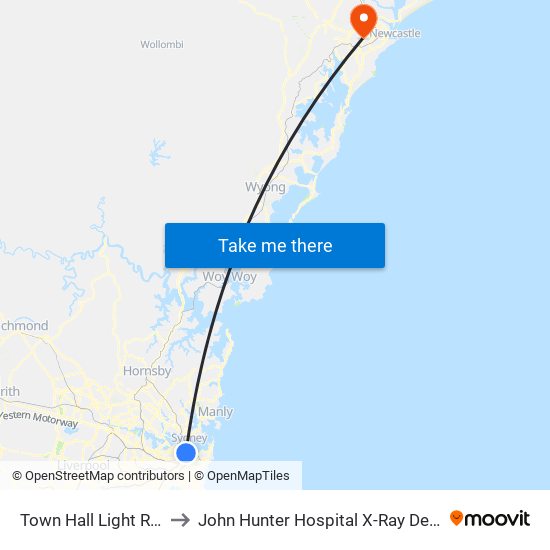 Town Hall Light Rail to John Hunter Hospital X-Ray Dept. map