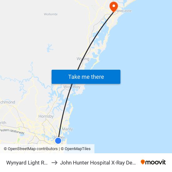 Wynyard Light Rail to John Hunter Hospital X-Ray Dept. map