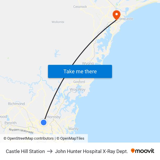 Castle Hill Station to John Hunter Hospital X-Ray Dept. map