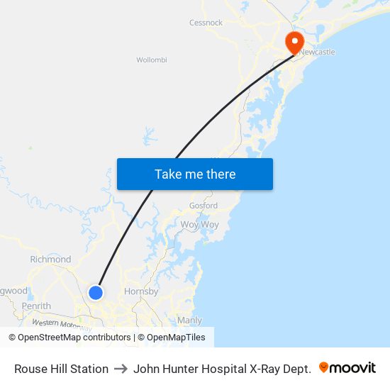 Rouse Hill Station to John Hunter Hospital X-Ray Dept. map