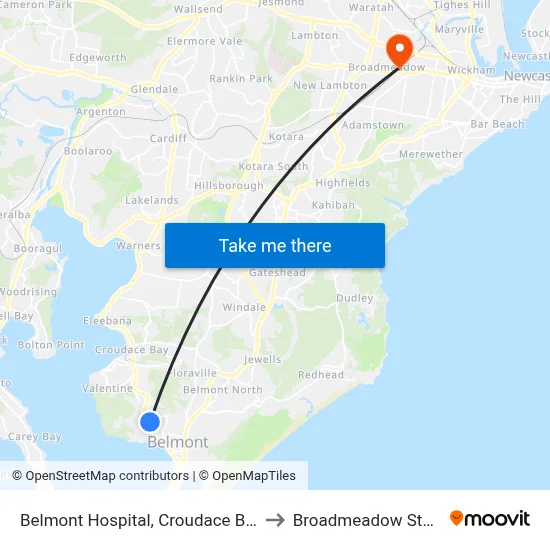 Belmont Hospital, Croudace Bay Rd to Broadmeadow Station map