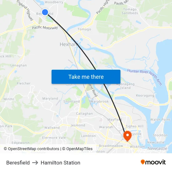 Beresfield to Hamilton Station map