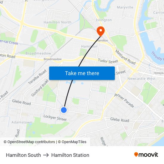 Hamilton South to Hamilton Station map