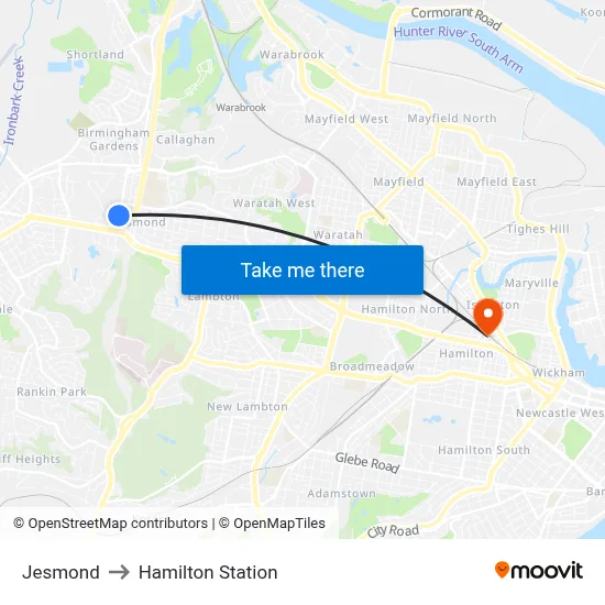 Jesmond to Hamilton Station map