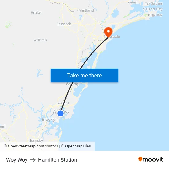 Woy Woy to Hamilton Station map