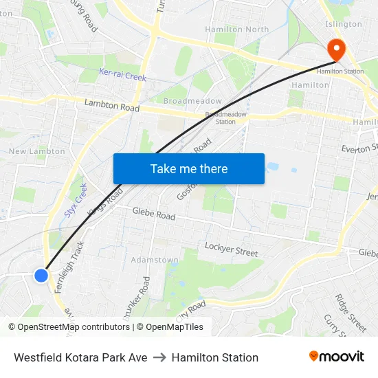 Westfield Kotara Park Ave to Hamilton Station map