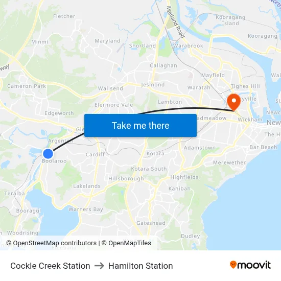 Cockle Creek Station to Hamilton Station map