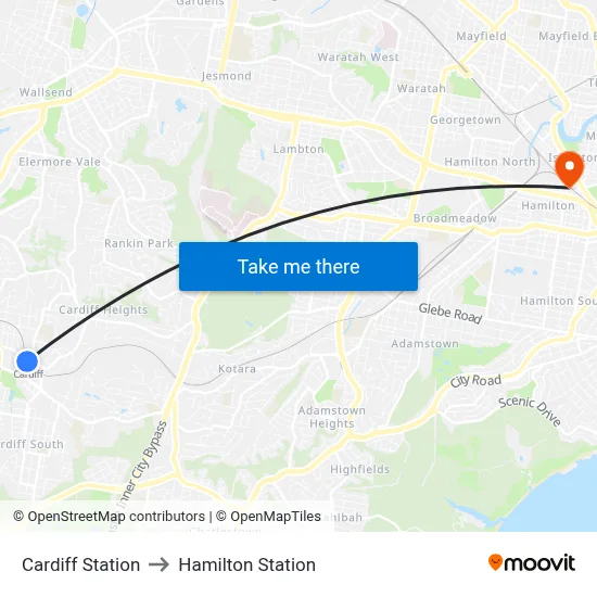 Cardiff Station to Hamilton Station map