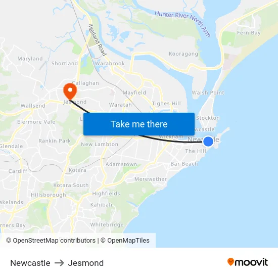 Newcastle to Jesmond map