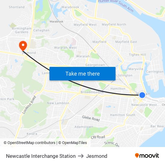 Newcastle Interchange Station to Jesmond map