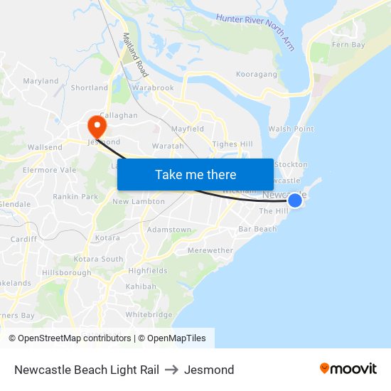 Newcastle Beach Light Rail to Jesmond map