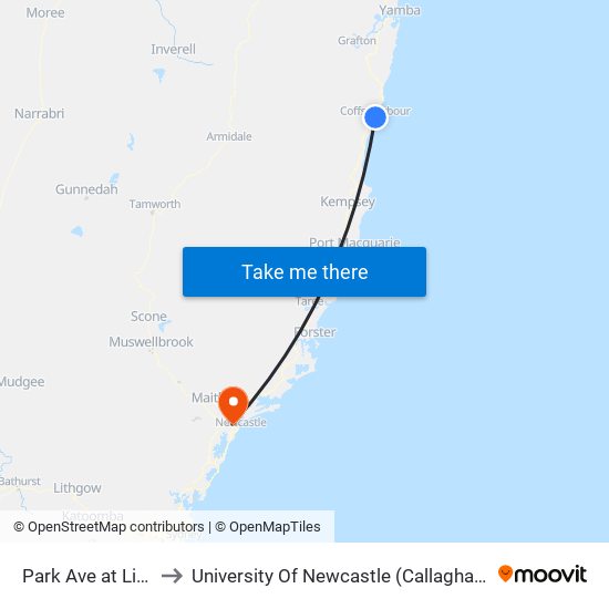Park Ave at Little St to University Of Newcastle (Callaghan Campus) map