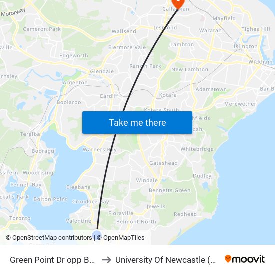 Green Point Dr opp Belmont Hospital to University Of Newcastle (Callaghan Campus) map