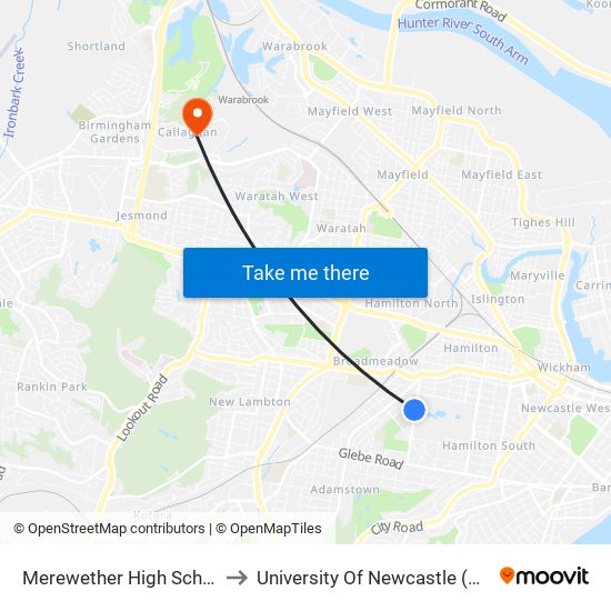 Merewether High School, Chatham St to University Of Newcastle (Callaghan Campus) map