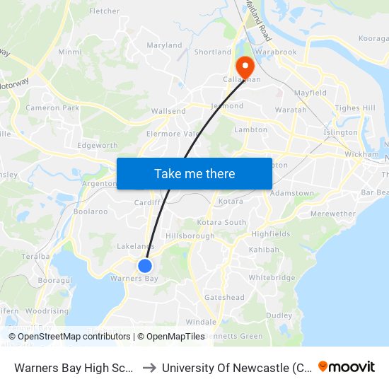 Warners Bay High School, Myles Ave to University Of Newcastle (Callaghan Campus) map
