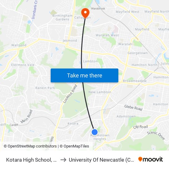 Kotara High School, Lexington Pde to University Of Newcastle (Callaghan Campus) map