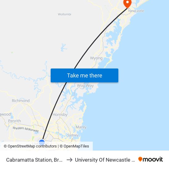 Cabramatta Station, Broomfield St, Stand F to University Of Newcastle (Callaghan Campus) map