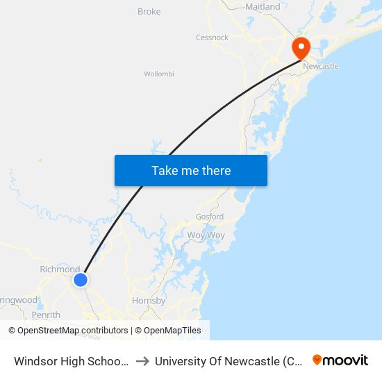 Windsor High School, Mulgrave Rd to University Of Newcastle (Callaghan Campus) map