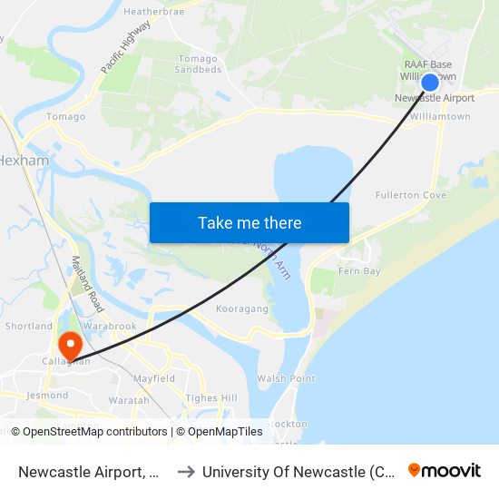 Newcastle Airport, Williamtown Dr to University Of Newcastle (Callaghan Campus) map