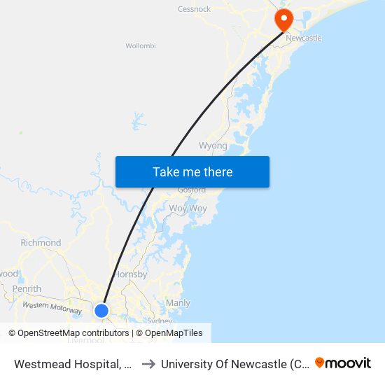 Westmead Hospital, North West Twy to University Of Newcastle (Callaghan Campus) map