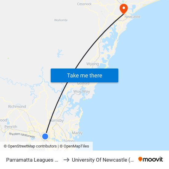 Parramatta Leagues Club, O'Connell St to University Of Newcastle (Callaghan Campus) map