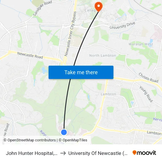 John Hunter Hospital, Kookaburra Cct to University Of Newcastle (Callaghan Campus) map
