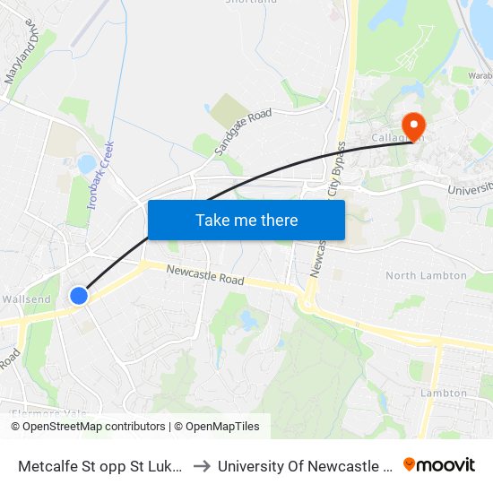 Metcalfe St opp St Luke's Anglican Church to University Of Newcastle (Callaghan Campus) map