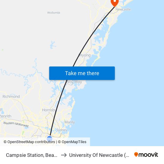 Campsie Station, Beamish St, Stand B to University Of Newcastle (Callaghan Campus) map