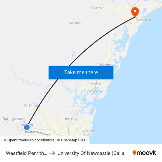 Westfield Penrith, Riley St to University Of Newcastle (Callaghan Campus) map