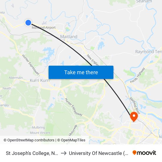 St Joseph's College, New England Hwy to University Of Newcastle (Callaghan Campus) map