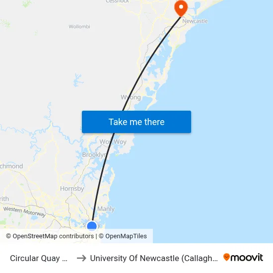 Circular Quay Wharf 5 to University Of Newcastle (Callaghan Campus) map