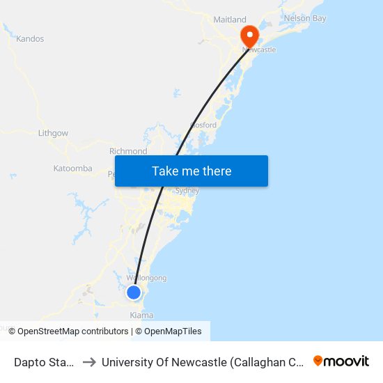 Dapto Station to University Of Newcastle (Callaghan Campus) map