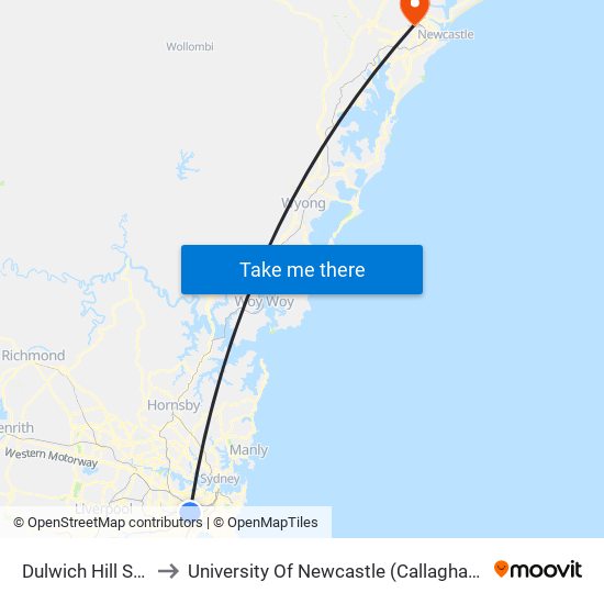 Dulwich Hill Station to University Of Newcastle (Callaghan Campus) map