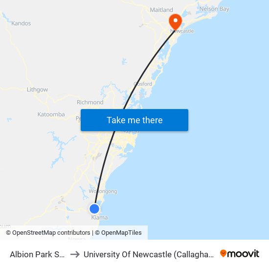 Albion Park Station to University Of Newcastle (Callaghan Campus) map