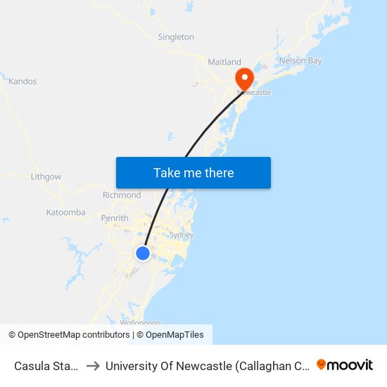 Casula Station to University Of Newcastle (Callaghan Campus) map