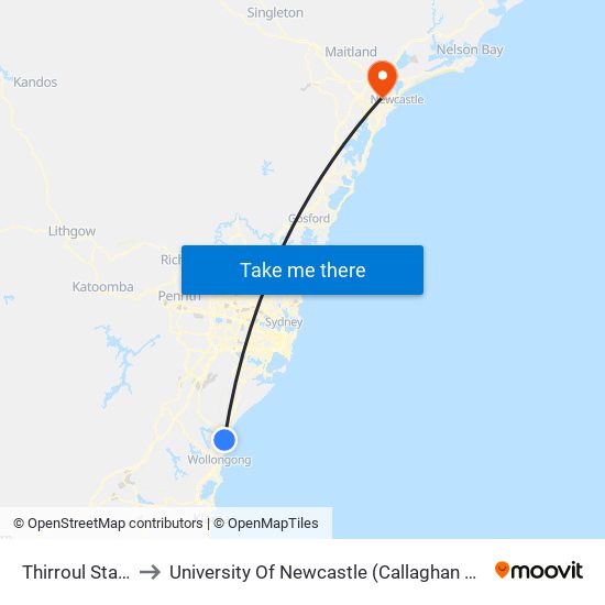 Thirroul Station to University Of Newcastle (Callaghan Campus) map