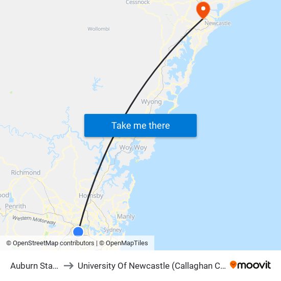 Auburn Station to University Of Newcastle (Callaghan Campus) map